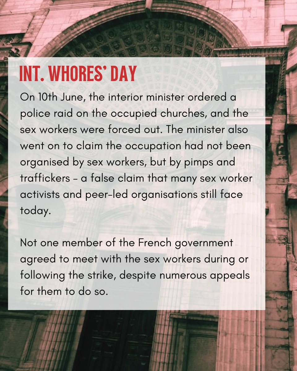1/2
Today we celebrate International Wh0r3s’ Day☂️
Beginning in 1975, June 2nd marks the anniv of the 10-day occupation of Saint-Nizier church. More than one hundred s3x w0rk3rs in Lyon France occupied the church to draw attention to police violence and discrimination against SWs