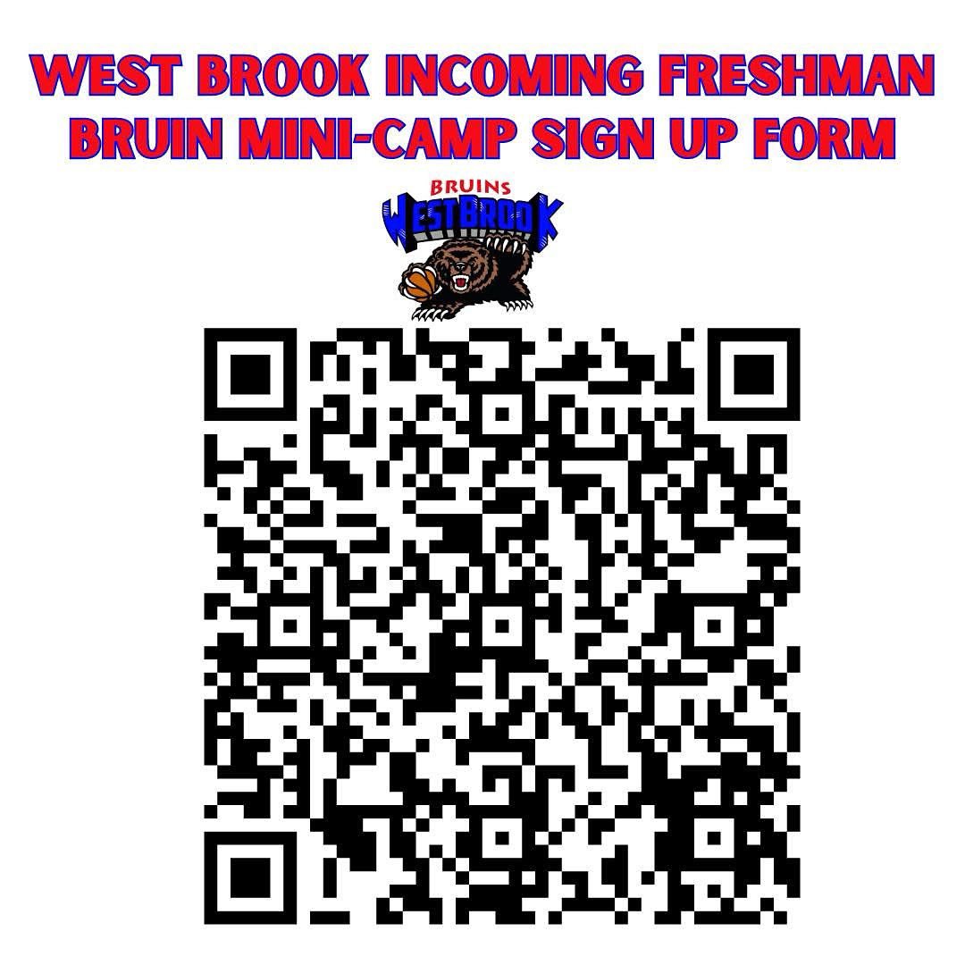 🗣️ Incoming West Brook Freshmen‼️
Don’t miss Bruin Mini-Camp TOMORROW

📅 June 2–3
🕔 5–6:30 PM
📍 WB Main Gym

Get signed up &amp; get ready to work!
Scan the QR code to register👇
#BruinProud x #ForTheWestSide ❤️🐻💙