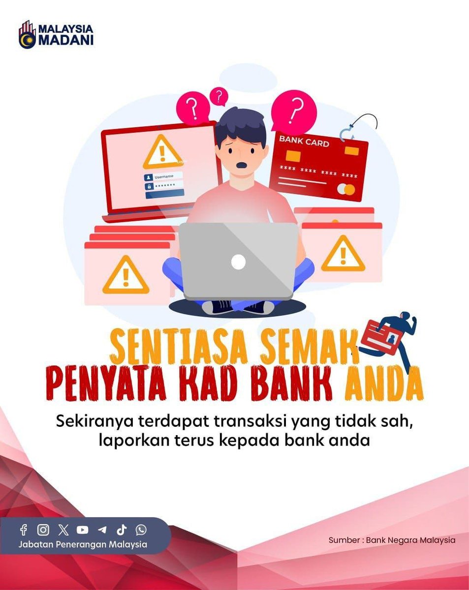 JPenerangan's tweet photo. Semak penyata kad bank anda setelah membuat transaksi. 💳📱

Kita mestilah berwaspada dengan apa jua situasi dan berhati-hati apabila melibatkan isu perbankan.

#MalaysiaMADANI
#TaatSetia
#JabatanPenerangan https://t.co/txJN2syCFf