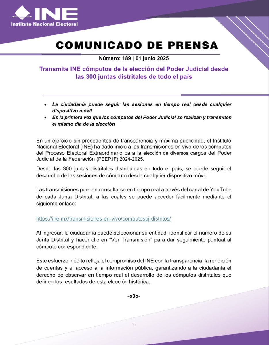 #BoletínINE 📑 | Transmite INE cómputos de la elección del Poder Judicial desde las 300 juntas distritales de todo el país. 

centralelectoral.ine.mx/2025/06/01/tra…