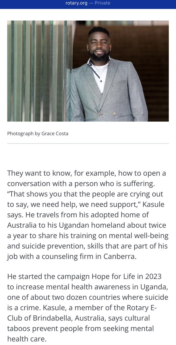 Stuart Raymond Kasule (@kasulestuart) on Twitter photo Honoured to be featured in <a href="/Rotary/">Rotary International</a> magazine for my work in advancing mental health & suicide prevention in Uganda.
Thank you <a href="/amyfallon/">Amy Fallon</a> for your fearless storytelling & Rotary Intl for highlighting this mission.
I care ,because every life matters.
#MentalHealth Honoured to be featured in <a href="/Rotary/">Rotary International</a> magazine for my work in advancing mental health & suicide prevention in Uganda.
Thank you <a href="/amyfallon/">Amy Fallon</a> for your fearless storytelling & Rotary Intl for highlighting this mission.
I care ,because every life matters.
#MentalHealth