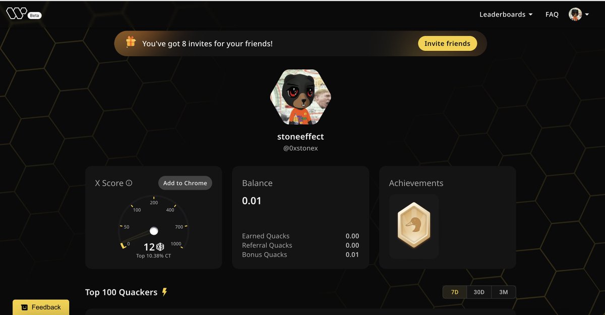 stoneeffect (@0xstonex) on Twitter photo Just unlocked the Early Quacker on <a href="/wallchain_xyz/">Wallchain Quacks</a> 🏆
How cool is that?
Feels great to have my contributions recognized.
How’s Wallchain Quacks been treating you so far?
Not on board yet? Drop a comment for an invite 👇🦆 Just unlocked the Early Quacker on <a href="/wallchain_xyz/">Wallchain Quacks</a> 🏆
How cool is that?
Feels great to have my contributions recognized.
How’s Wallchain Quacks been treating you so far?
Not on board yet? Drop a comment for an invite 👇🦆