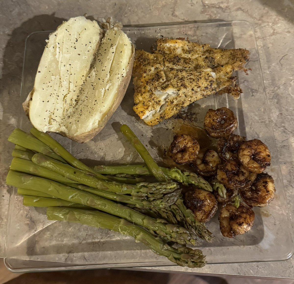 Preparing for a Jiu Jitsu tournament in July means tough training days with amazing professors and training partners, and mental relaxation/rest days. It also means my diet is more important than ever. So, it’s 2 Cod filets, a baked potato, 10 shrimp, and some steamed asparagus