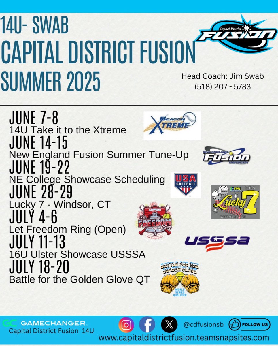 This summer’s tournament lineup! Can’t wait for an amazing summer with this team!! 

<a href="/CDFusionSB/">Capital District Fusion Softball</a> <a href="/softballatAP/">Averill Park Softball</a> <a href="/d1fastpitch1/">D1 Fastpitch</a> <a href="/Siena_Softball/">Siena Softball</a> <a href="/SoftballPortal/">Softball Portal</a> <a href="/LL7NV/">College Recruiter</a> <a href="/CSAPrepStar/">PREPSTAR</a> @HS_Prospect <a href="/TOP_D1RECRUITS/">Softball Top Preps Retweet</a> <a href="/SBRRetweets/">Softball Recruiting Reposts</a> <a href="/TopPreps/">TOP PREPS - Free Sports News, Videos & Information</a> <a href="/CoastRecruitsSB/">Coast Recruits 🥎</a>