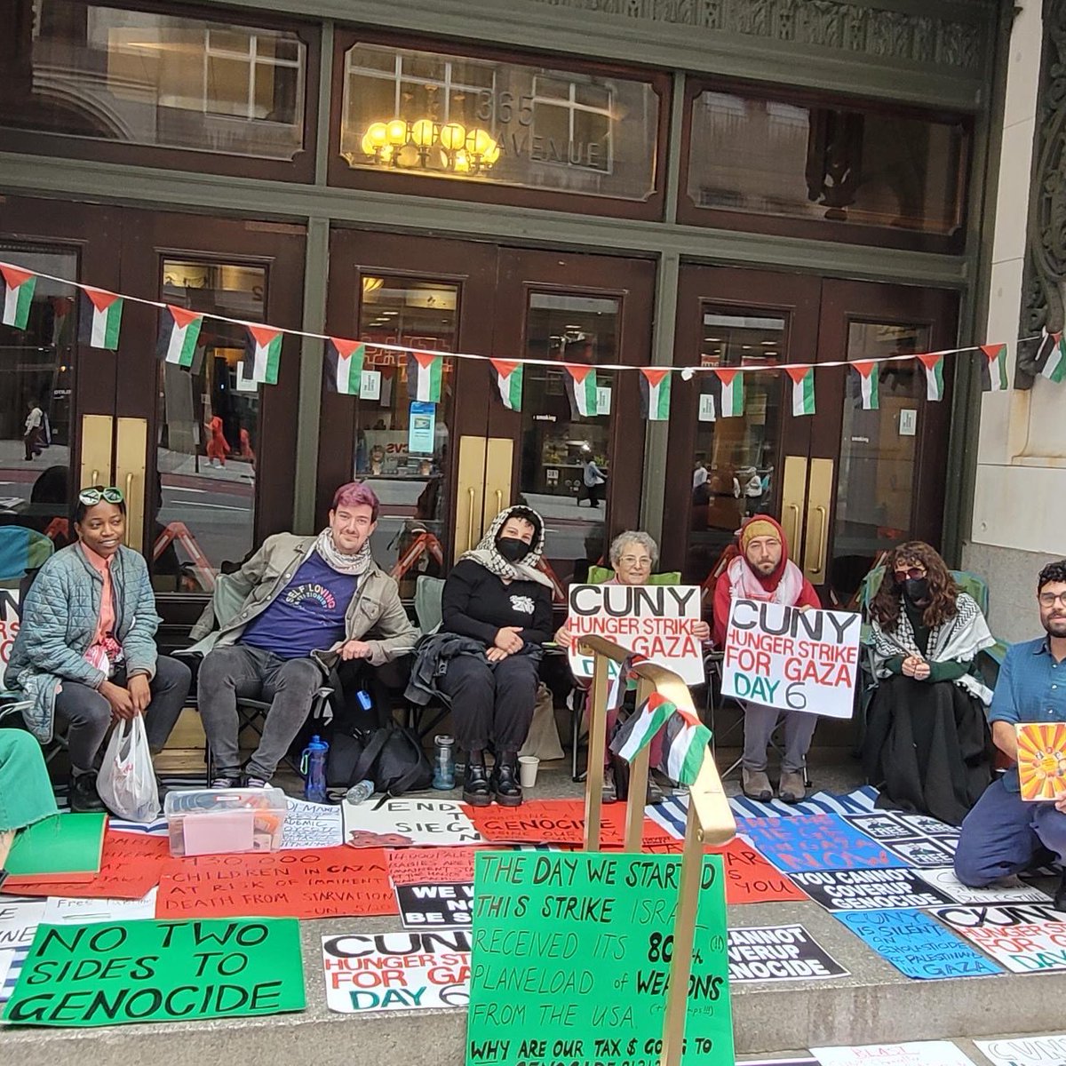 Sixth day of hunger strike. “The day we started,” read a sign, “Israel received its 800th planeload of weapons from the United States.”