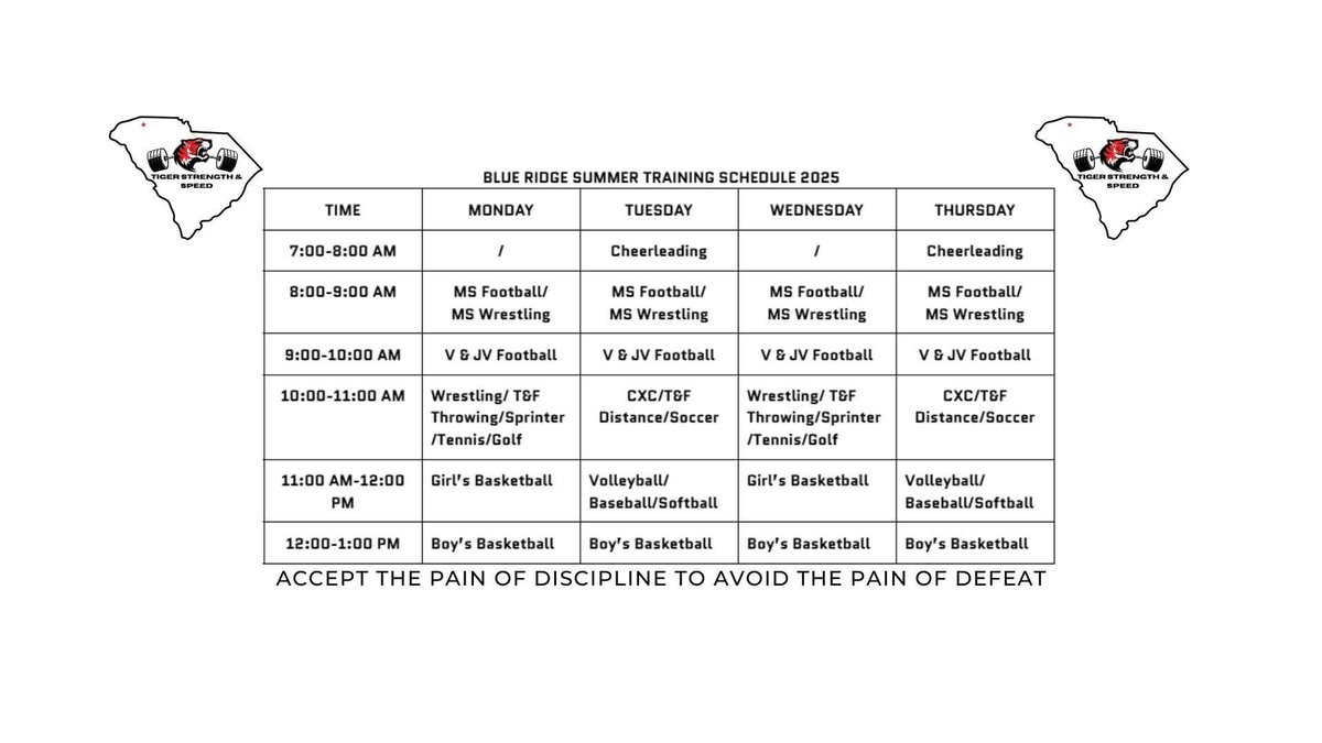 Blue Ridge High School (@brhstigers) on Twitter photo Summer athletics are underway as we prepare for another great season as Tigers! Students—get involved, grow, and gain valuable life experiences. Attached is info on summer workouts. For sport-specific practices, contact the head coach. Go Tigers! 🐾 <a href="/AshleyCWardlaw/">Ashley C. Wardlaw</a> Summer athletics are underway as we prepare for another great season as Tigers! Students—get involved, grow, and gain valuable life experiences. Attached is info on summer workouts. For sport-specific practices, contact the head coach. Go Tigers! 🐾 <a href="/AshleyCWardlaw/">Ashley C. Wardlaw</a>