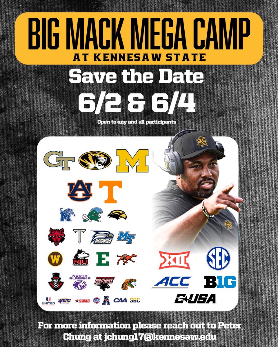 Carter Rose (@carter_rose08) on Twitter photo I will be attending <a href="/kennesawstfb/">Kennesaw State Football</a> mega camp tomorrow!!
<a href="/GroveRecruits/">Hillgrove Football Recruiting</a> <a href="/DSGBCoachCam/">Coach Cam Gibson</a> <a href="/coach_sloan/">Coach Scot Sloan</a> <a href="/T_Zielenske5/">Tyler Zielenske</a> <a href="/TheChozenHump/">Coach Hump</a> <a href="/coachmattmccray/">Matt McCray</a>
<a href="/chadstaggs/">Chad Staggs</a> I will be attending <a href="/kennesawstfb/">Kennesaw State Football</a> mega camp tomorrow!!
<a href="/GroveRecruits/">Hillgrove Football Recruiting</a> <a href="/DSGBCoachCam/">Coach Cam Gibson</a> <a href="/coach_sloan/">Coach Scot Sloan</a> <a href="/T_Zielenske5/">Tyler Zielenske</a> <a href="/TheChozenHump/">Coach Hump</a> <a href="/coachmattmccray/">Matt McCray</a>
<a href="/chadstaggs/">Chad Staggs</a>