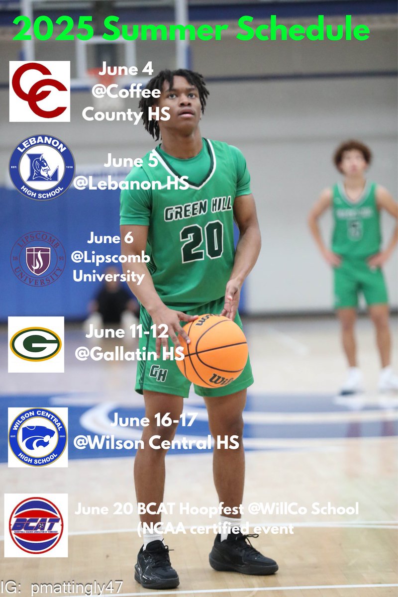 Collin Dirl (@collindirl2) on Twitter photo Here’s my <a href="/GreenHill_Hoops/">Green Hill Basketball</a> 2025 summer schedule! Blessed to receive invitations to attend several Elite
camps this summer:
Western Carolina
Tennessee Tech
Austin Peay
Lipscomb
IU-Indianapolis
Trevecca
Lees-McRae Here’s my <a href="/GreenHill_Hoops/">Green Hill Basketball</a> 2025 summer schedule! Blessed to receive invitations to attend several Elite
camps this summer:
Western Carolina
Tennessee Tech
Austin Peay
Lipscomb
IU-Indianapolis
Trevecca
Lees-McRae