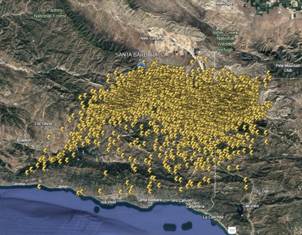 A freak storm hit the Southern Los Padres last night generating over 2,500 lightning strikes &amp; 4 small fires on the SW Mount Pinos District. 
The 8-acre Corral Fire, 2-acre Round Fire, &amp; 1/10-acre Highjack Fire are now 100% contained. The 1/2-acre Burgess Fire is 90% contained.