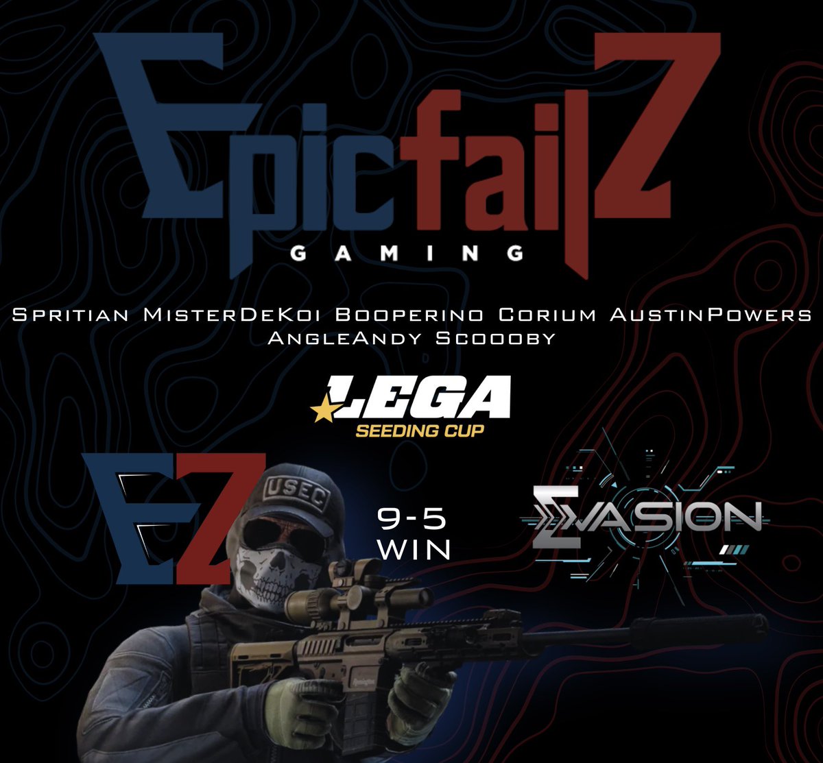 🏅Our main stack EpicfailZ WON their only match up for today in group B during the LEGA Seeding Cup Tournament for North America #Tarkov arena! 

🤝GG's to <a href="/evasion_gg/">Evasion</a> for great gameplay &amp; intense rounds.

📢Shoutout to <a href="/LegaEvents/">Lega Champions League</a> for hosting this weekend's tournament!
