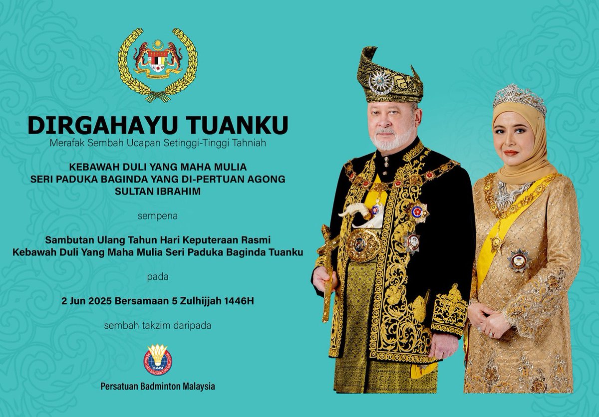 DIRGAHAYU TUANKU

Merafak Sembah Ucapan Setinggi-Tinggi Tahniah Kepada Kebawah Duli Yang Maha Mulia Seri Paduka Baginda Yang di-Pertuan Agong, Sultan Ibrahim sempena Sambutan Ulang Tahun Hari Keputeraan Rasmi Kebawah Duli Yang Maha Mulia Seri Paduka Baginda Tuanku pada 2 Jun 2025
