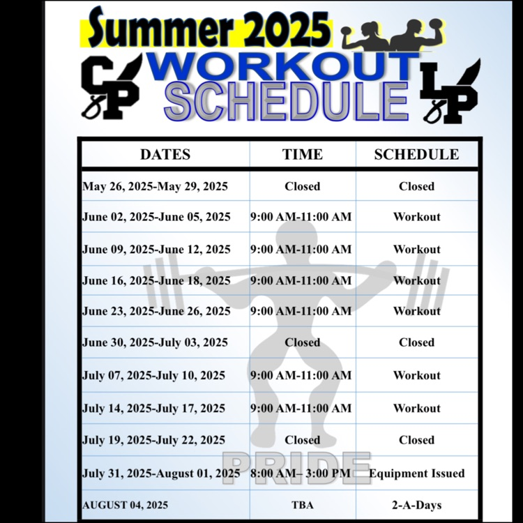Student athletes, it's time for summer workouts. Please see the schedule for dates and times. Also, you must bring your own workout clothes and shoes.  Let's go pirates!