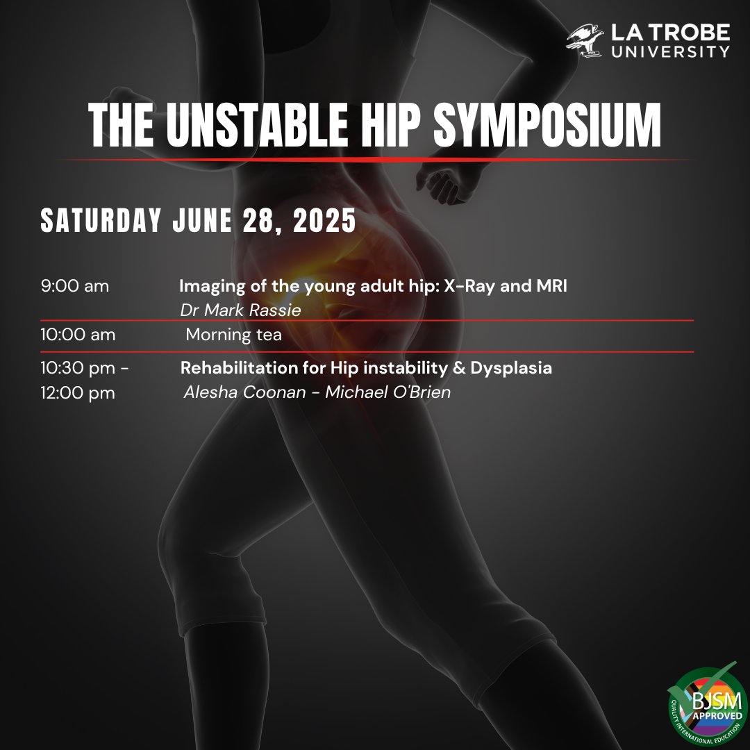 La Trobe SEMRC (@latrobesem) on Twitter photo 🔊Level Up Your Hip Knowledge!
Join world-leading clinicians & researchers for the Unstable Hip Symposium. Don’t miss your chance to connect with experts shaping the future of hip health.
đź“… Spots are filling fast :
hersport.latrobe.edu.au/symposium
#LASEM #hiphealth #theunstablehip 🔊Level Up Your Hip Knowledge!
Join world-leading clinicians & researchers for the Unstable Hip Symposium. Don’t miss your chance to connect with experts shaping the future of hip health.
đź“… Spots are filling fast :
hersport.latrobe.edu.au/symposium
#LASEM #hiphealth #theunstablehip