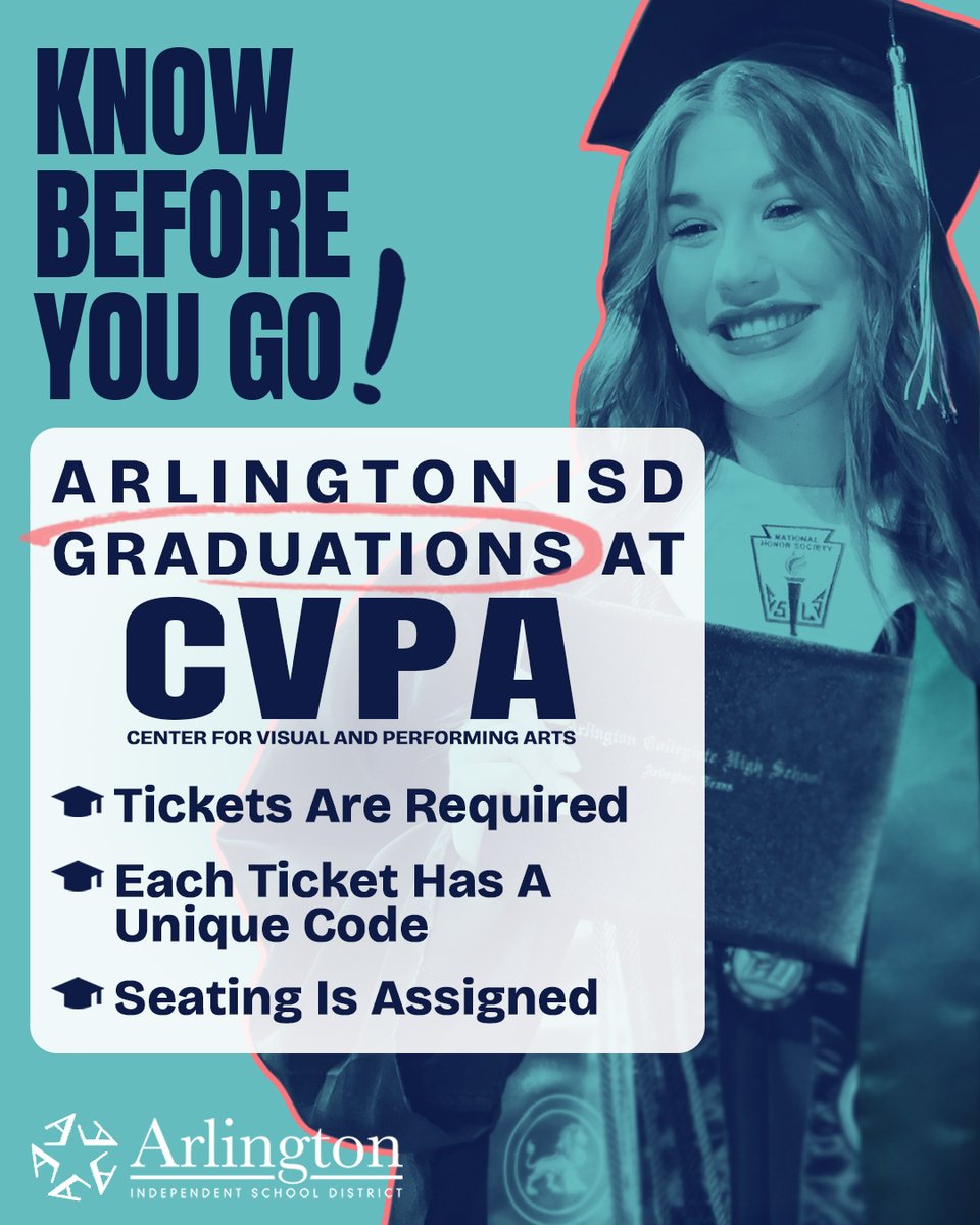 Arlington ISD (@arlingtonisd) on Twitter photo Arlington ISD graduations at the Dr. Marcelo Cavazos Center for Visual and Performing Arts (CVPA) are June 3 for <a href="/ACCHSTitans/">Arlington College and Career High School</a>, <a href="/ACHS_AISD/">CollegiateHS at AISD</a> and <a href="/Venture_HS/">Venture High School</a>.
Know before you go!
🎟️Tickets are required.
🎟️Tickets can be used once.
🎟️Seating is assigned.
FAQs: aisd.net/graduationfaqs. Arlington ISD graduations at the Dr. Marcelo Cavazos Center for Visual and Performing Arts (CVPA) are June 3 for <a href="/ACCHSTitans/">Arlington College and Career High School</a>, <a href="/ACHS_AISD/">CollegiateHS at AISD</a> and <a href="/Venture_HS/">Venture High School</a>.
Know before you go!
🎟️Tickets are required.
🎟️Tickets can be used once.
🎟️Seating is assigned.
FAQs: aisd.net/graduationfaqs.