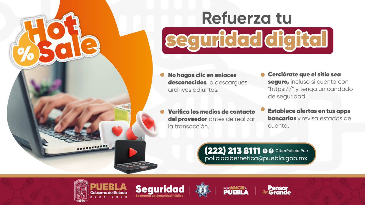 SSPGobPue's tweet image. En esta temporada de #HotSale, proteger tus datos  es tan importante como encontrar el mejor precio.

A través de la SSP, el @Gob_Puebla pone a disposición de la ciudadanía la asesoría gratuita de @CiberPoliciaPue.

🖥️ ⚠️ Conoce las siguientes recomendaciones y evita caer en