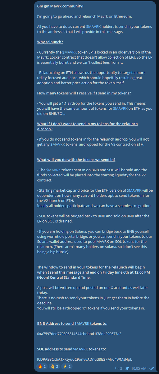 MavrkOfficial's tweet photo. The $MAVRK token will be relaunching on Ethereum
Please read through the attached screenshot from the telegram group for more details.
Addresses to send your #MAVRK tokens to:
BNB -
0xa7597ded779806314544cbdabd1f38de290677a2
SOL -
JCDPAB3CxbA1x7zyuuC9onvvADnud8JZsFMru4WMsNpL https://t.co/xlkhnleK3F
