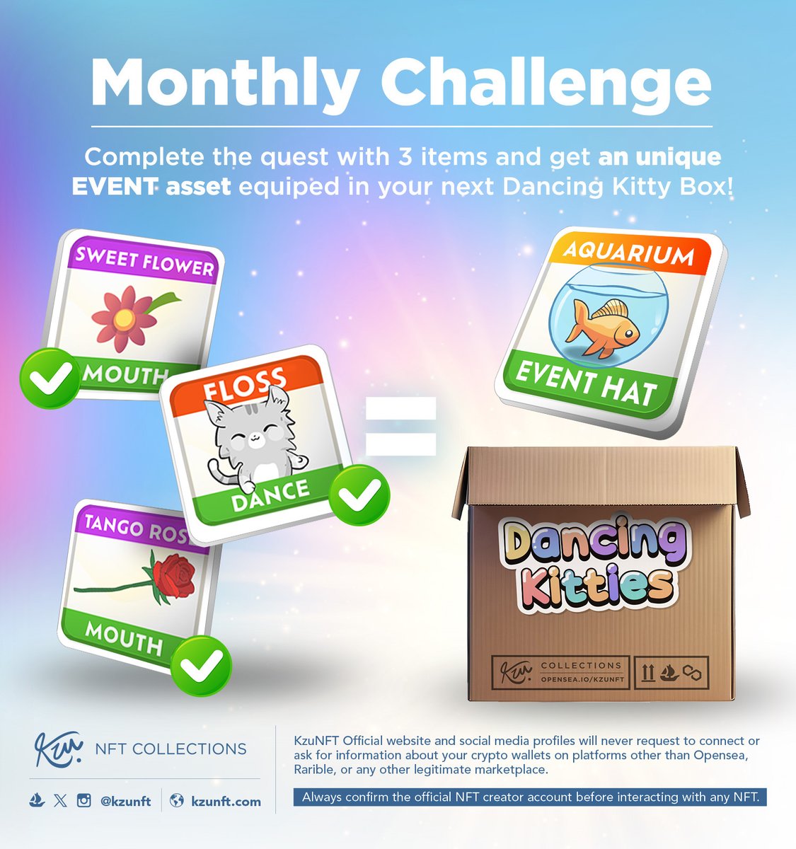 kzunft's tweet photo. Loving the monthly Event in Dancing Kitties! 😻✨ 
 Complete a mission of 3 collectible assets and get a surprise in your kitty box! 💛🎁 
#nftcommunity #opensea #polygonNFTs #nftart #nft https://t.co/EgdVXJjC7Q