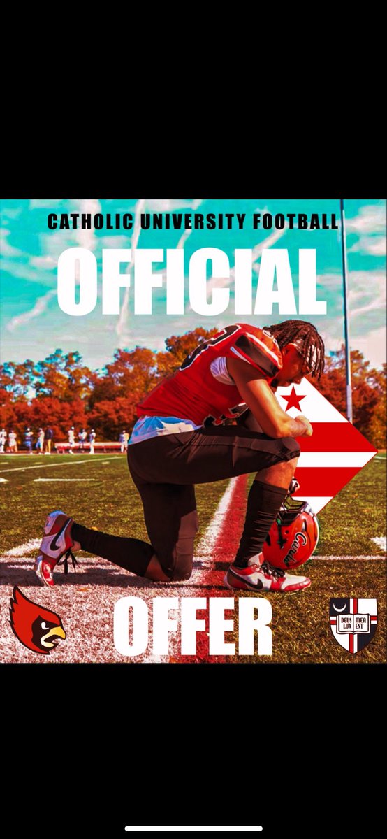 After a great conversation with <a href="/CoachJKarriem/">Justin Karriem</a>, I am happy to receive my first offer from <a href="/CatholicU_FB/">𝘾𝘼𝙏𝙃𝙊𝙇𝙄𝘾 𝙐 𝙁𝙊𝙊𝙏𝘽𝘼𝙇𝙇</a> !
<a href="/o_martin90/">Orion Martin</a>