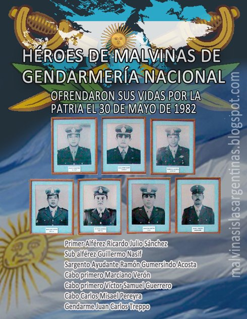 Integrantes del Grupo Alacrán que ofrendaron sus vidas por la Patria al ser atacado, por un avión británico, el helicóptero Puma del Ejército Argentino que los transportaba hacia Monte Kent, Islas Malvinas, el 31 de mayo de 1982.