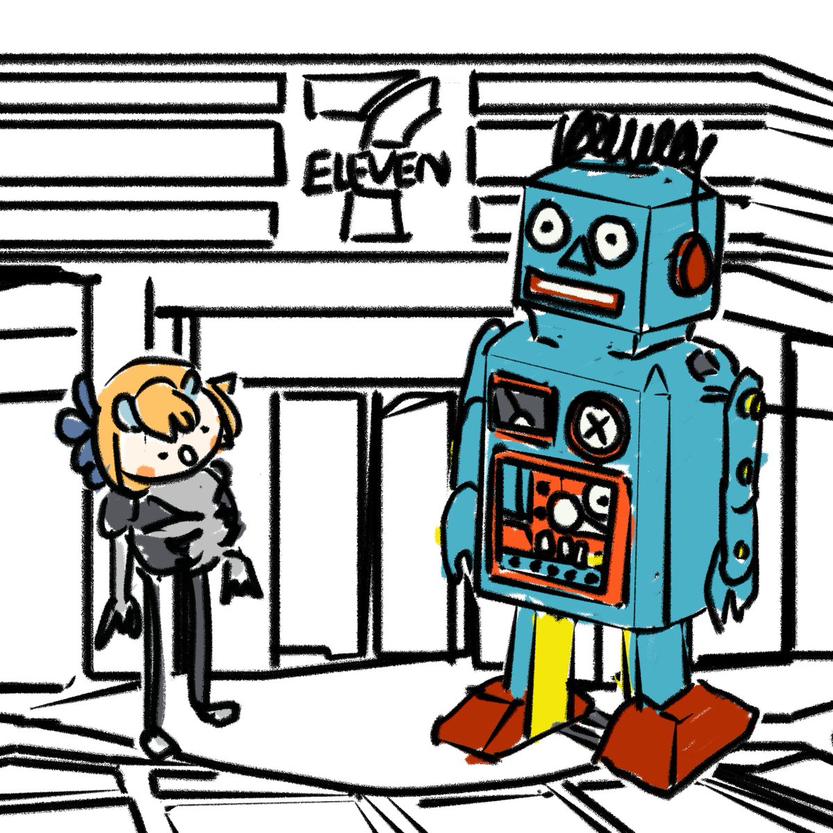 I went to get some milk at the convince store, but I am being blocked by a big vintage robot.