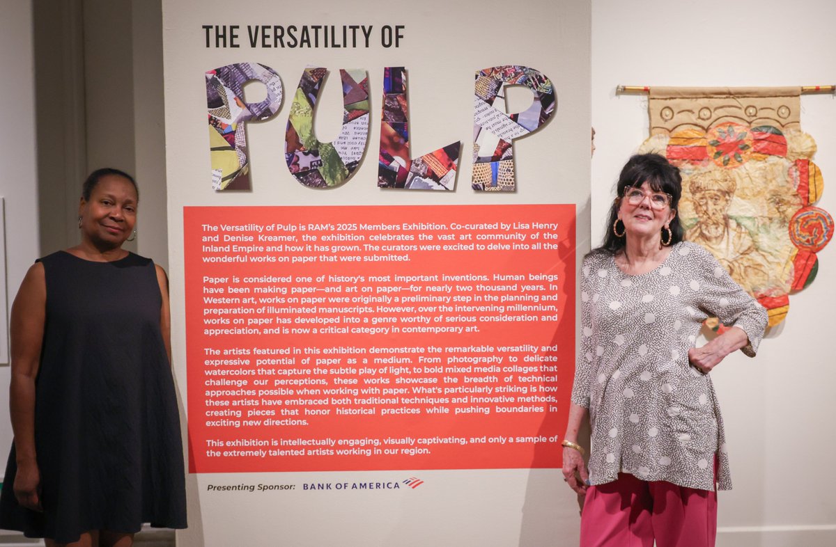 EXHIBITION ON VIEW: April 12, 2025 – October 5, 2025
The Versatility of Pulp is RAM’s 2025 Members Exhibition. Co-curated by Denise Kreamer and Lisa Henry, the exhibition celebrates the vast art community of the inland Empire and how it has grown. 

riversideartmuseum.org/exhibitions/th…