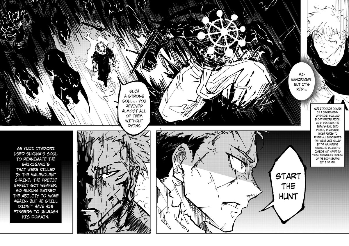 Chapter 6, Pages 9-10!! START THE HUNT!!! Yuji's domain revives the shikigamis that were killed by Sukuna's domain, forming a cycle of curses!! Sukuna even recognizes some of them from far, far past times...