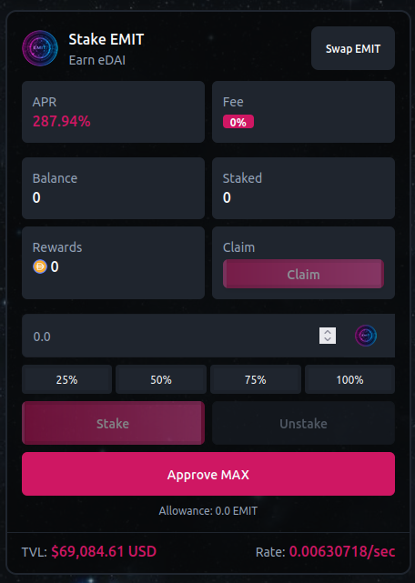 📡 EMIT Single-Sided Stable Rewards 💰

🛰️ Single-Sided Staking EMIT Has Multiple Benefits! 

1⃣ $eDAI Stable Token Rewards 
2⃣ Your Single-Sided EMIT Experiences No Impermanent Loss (IL)
3⃣ Staking EMIT Mints vEMIT At A Rate Of 1:1. vEMIT Is Your Voting Power For The DAO
4⃣