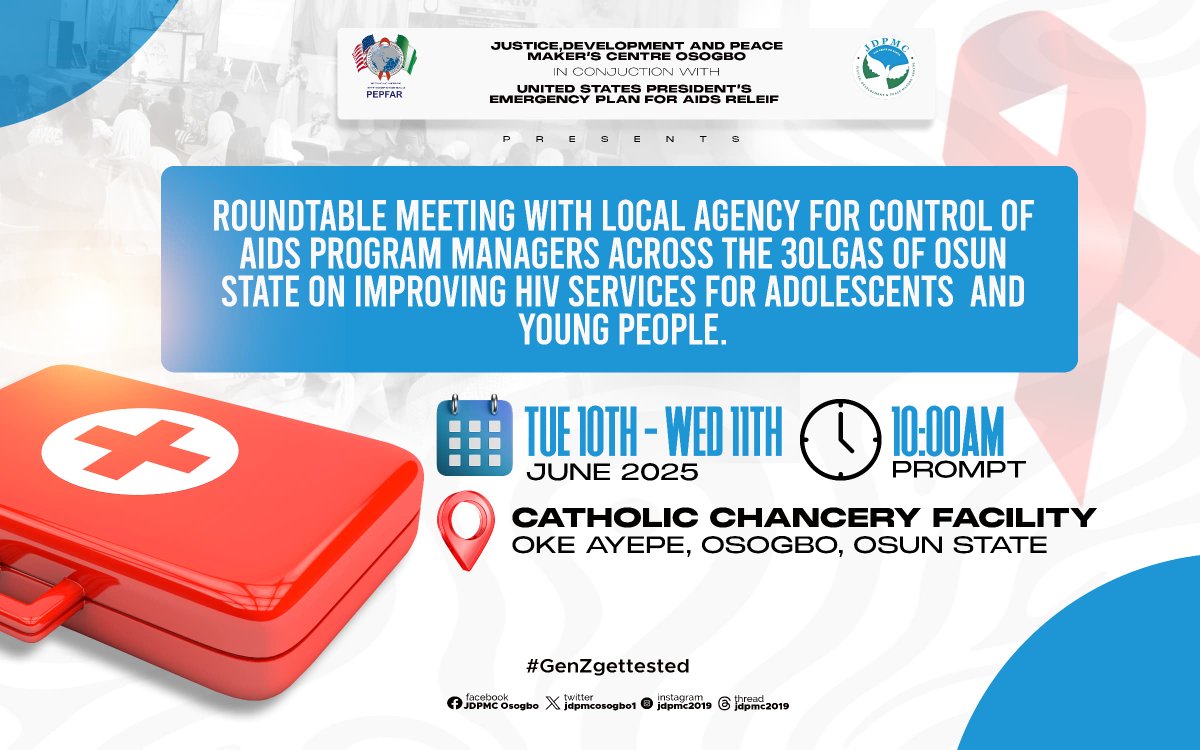 Join us for a roundtable with AIDS program managers from the 30 LGAs of Osun State to enhance HIV services for adolescents and young people. 

📅 Tue 10th - Wed 11th June, 2025
⏰ 10:00AM
📍Catholic Chancery Facility, Oke Ayepe, Osogbo, Osun State
#GenzGetTested