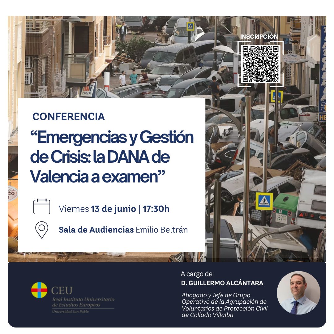 Real Instituto Univ. de Estudios Europeos (@ridee_ceu) on Twitter photo 🛡️ Seguridad Integral ante crisis: pandemias, apagones, DANA…
📍Les esperamos el 13 junio, 17:30h en la <a href="/USPCEU/">Universidad CEU San Pablo</a> (Av. del Valle, 21)
🎙️ “Emergencias y Gestión de Crisis: la DANA de Valencia a examen”, a cargo de Guillermo Alcántara.
🔗 Inscripción: forms.office.com/e/u1h6w9RHmU 🛡️ Seguridad Integral ante crisis: pandemias, apagones, DANA…
📍Les esperamos el 13 junio, 17:30h en la <a href="/USPCEU/">Universidad CEU San Pablo</a> (Av. del Valle, 21)
🎙️ “Emergencias y Gestión de Crisis: la DANA de Valencia a examen”, a cargo de Guillermo Alcántara.
🔗 Inscripción: forms.office.com/e/u1h6w9RHmU