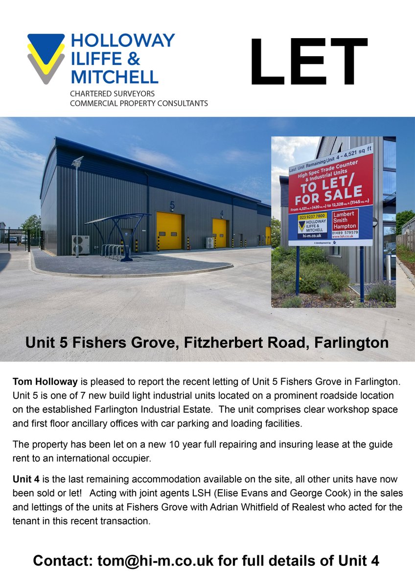 hi-m.co.uk (@solentsurveyors) on Twitter photo Tom Holloway is pleased to report the recent letting of Unit 5 Fishers Grove in Farlington. There is now only one remaining unit on the site, all enquiries to tom@hi-m.co.uk Tom Holloway is pleased to report the recent letting of Unit 5 Fishers Grove in Farlington. There is now only one remaining unit on the site, all enquiries to tom@hi-m.co.uk