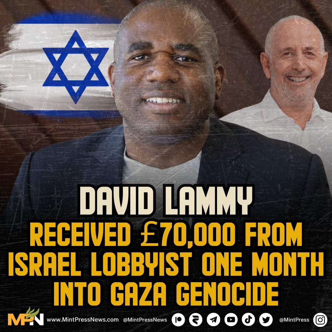 OwenPaintbrush's tweet photo. If you're wondering why David Lammy, the British Foreign Secretary, has yet to condemn Israel's illegal commandeering of the Madleen - a boat sailing in international waters under the British flag - and kidnap of its unarmed crew, here are a few clues: https://t.co/7DCIk2f1da