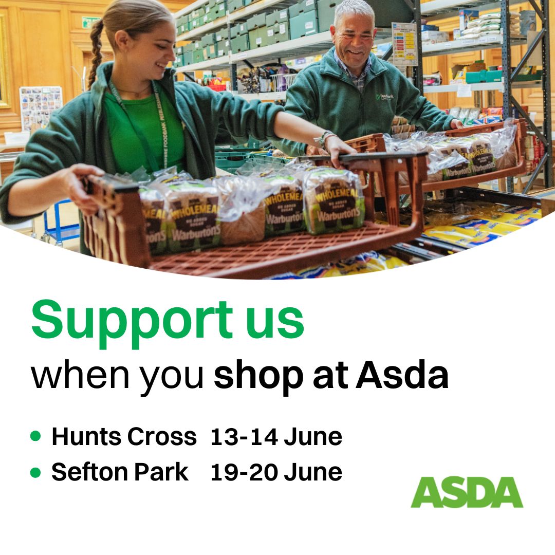 Want to help people facing hardship in #SouthLiverpool this Summer?  Here's how... 

We'll be at <a href="/asda/">Asda</a> #HuntsCross (13-14 Jun) and #SeftonPark (19-20 Jun) as part of the #AsdaFoodDrive.

Be great if can come and say hi 👋 and #donate an item or two to our #foodbank if you can 💚