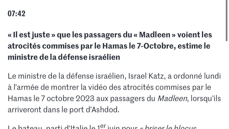 Ilangabet's tweet photo. 🚨 ALERTE - Israël va TORTURER psychologiquement les passagers du Maldeen.

Israël a ARRÊTÉ illégalement le Maldeen.
Israël DÉTIENT illégalement 6 français.
Israël VIOLE l'immunité diplomatique d'une députée.
Israël TORTURE psychologiquement 6 français.

Et la France ne fait RIEN

Exposer des personnes à des images violentes, sous la contrainte, c'est un acte de torture psychologique.