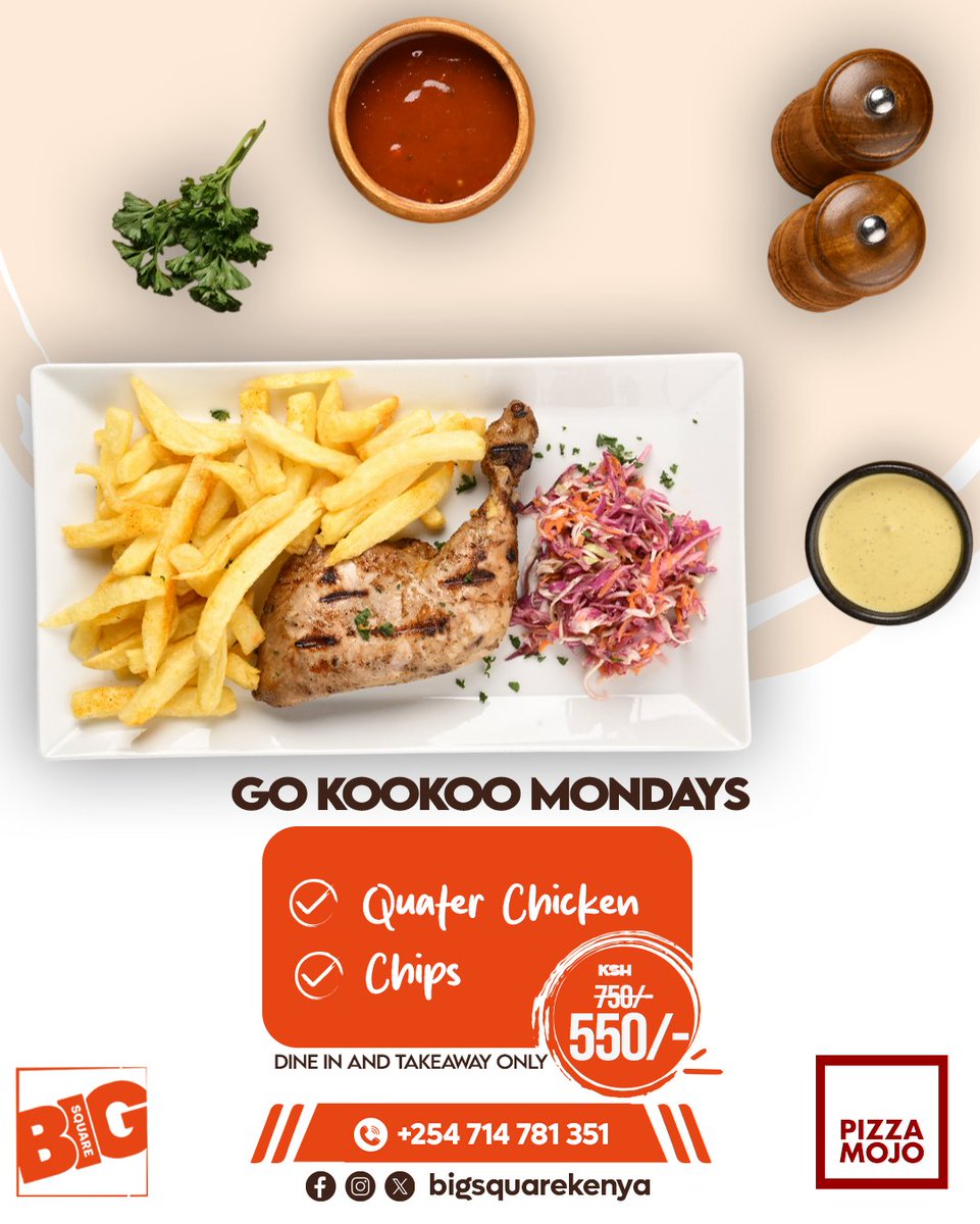 If you’re seeing this and not at Big Square… you’re missing out 😎🍗
¼ Chicken + Chips + Vibes = Just KSh 550 💸🍟🔥
Dine in 🪑 or take it to go 🛍️ — either way, don’t miss the flavor.
We gave you the heads up! 👀

#GoKookooMondays #ChomaDrip #TasteThatTalks #BigSquare