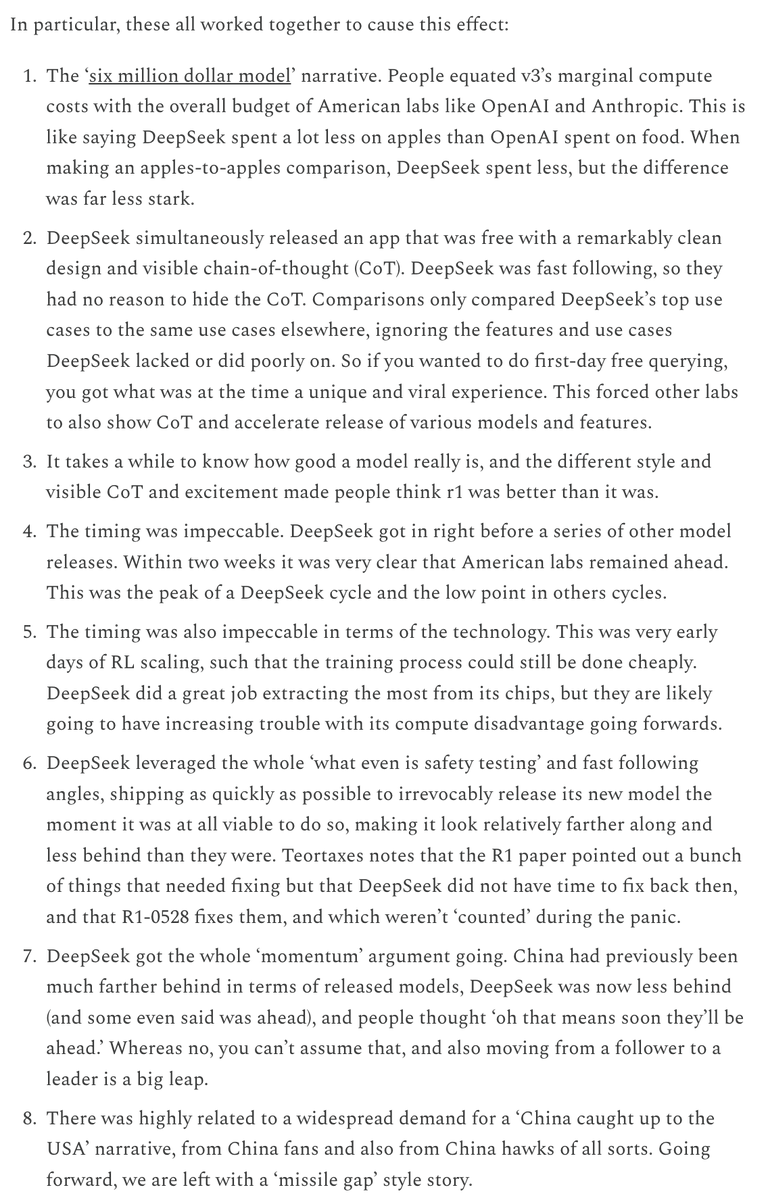 Peter Wildeford 🇺🇸🚀 (@peterwildeford) on Twitter photo The dominant narrative of DeepSeek was importantly wrong.
<a href="/TheZvi/">Zvi Mowshowitz</a> does a great job of capturing the reasons why the DeepSeek moment happened the way it did. The dominant narrative of DeepSeek was importantly wrong.
<a href="/TheZvi/">Zvi Mowshowitz</a> does a great job of capturing the reasons why the DeepSeek moment happened the way it did.