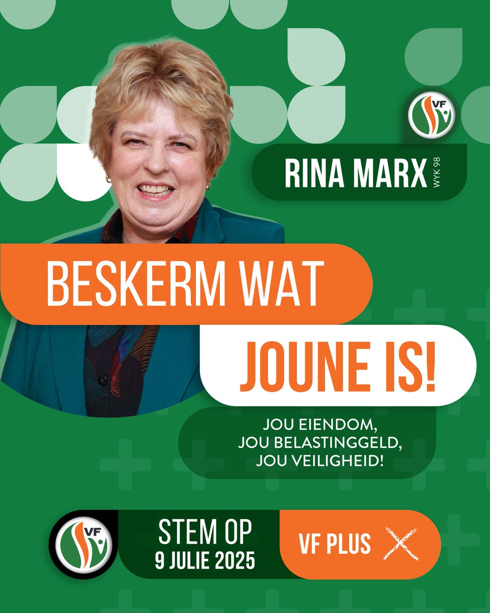📌 Aandag: Inwoners van Tshwane-metro (Wyk 98)

BESKERM WAT JOUNE IS!

JOU eiendom,
JOU belastinggeld
JOU veiligheid!

Stem Rina Marx op 9 Julie. Stem VF Plus. ✅
#StemVFPlus #RinaMarx #Wyk98 #Tussenverkiesing #TshwaneMetro #BeskermWatJouneIs