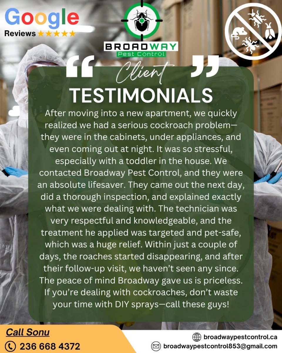 BroadPest93579's tweet image. Another home, another happy family – pest-free and stress-free! 🛑🐜
At Broadway Pest Control, your comfort is our success.

☎+1 236-668-4372
🌐 broadwaypestcontrol.ca

#PestFreeLiving #BroadwayPestControl #HappyClients #HomeProtection #ByeByeBugs #SafeAndClean