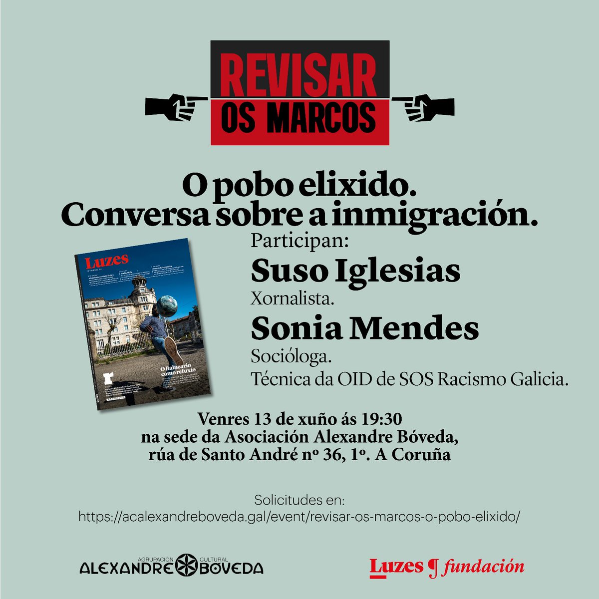 Este venres vémonos ás 19:30h na <a href="/ACBoveda/">AC. Alexandre Bóveda 🛰</a> para #RevisarOsMarcos un mes máis.
Estaremos con Suso Iglesias e Sonia Méndes falando sobre migracións, o pobo elixido.
Anótate en:
acalexandreboveda.gal/event/revisar-…