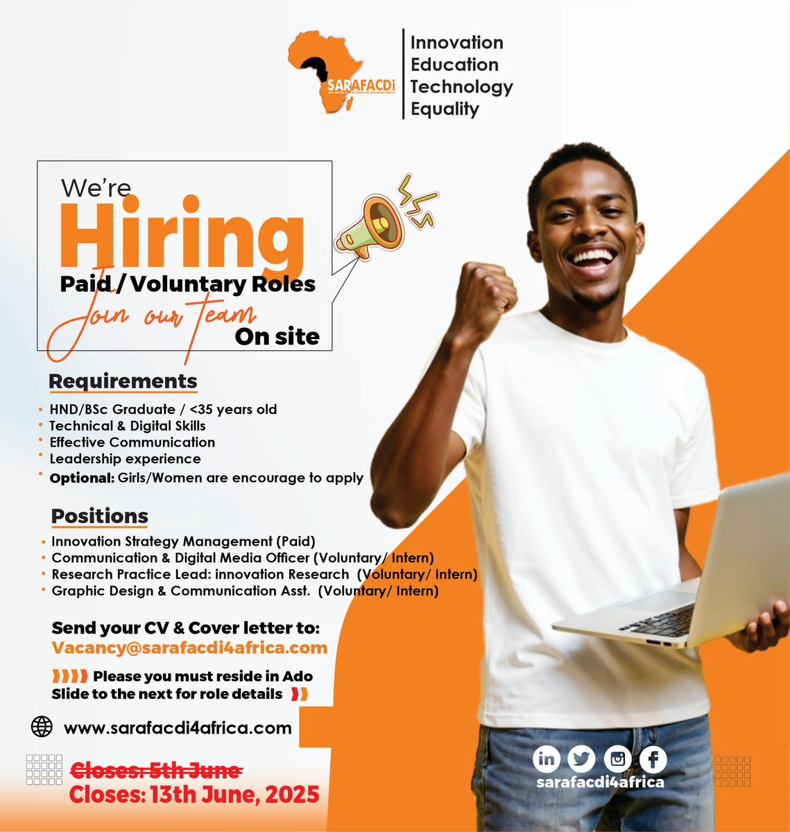 Sarafacdi's tweet photo. We're Hiring in Ado-Ekiti!
Passionate about innovation, media, research, or design? Join our team – paid & volunteer roles available!
On-site | Deadline: June 13, 2025
Send your CV now!
#Hiring #PaidJobs #VolunteerRoles #AdoEkiti #InnovationCareers #Sarafacdi #ApplyNow https://t.co/Hx2THORDZz