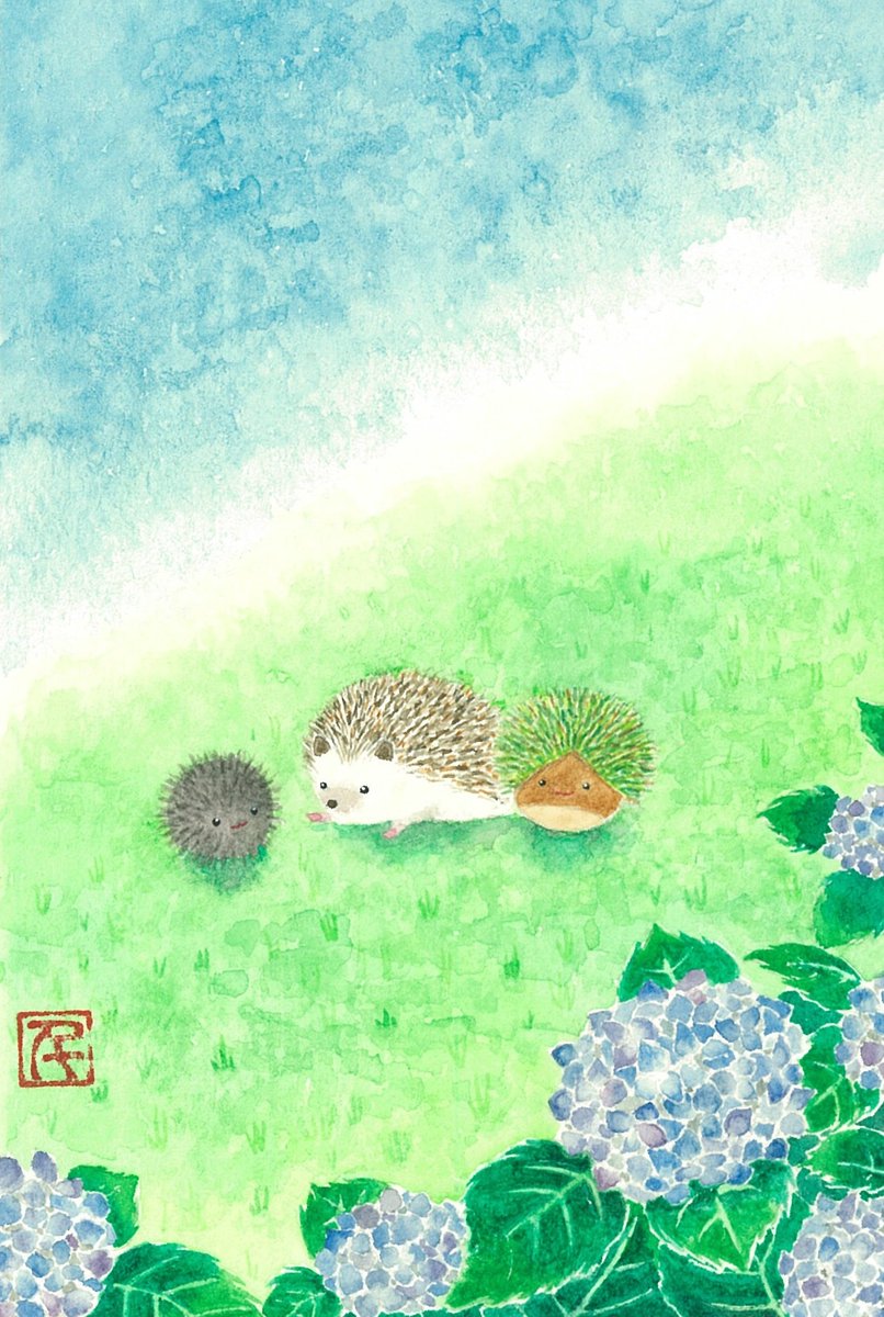 ねえねえ🦔

#うにくりはりぼ #ウニ #栗 #ハリネズミ #紫陽花 #水彩 #イラスト #hedgehog #watercolor #illustration