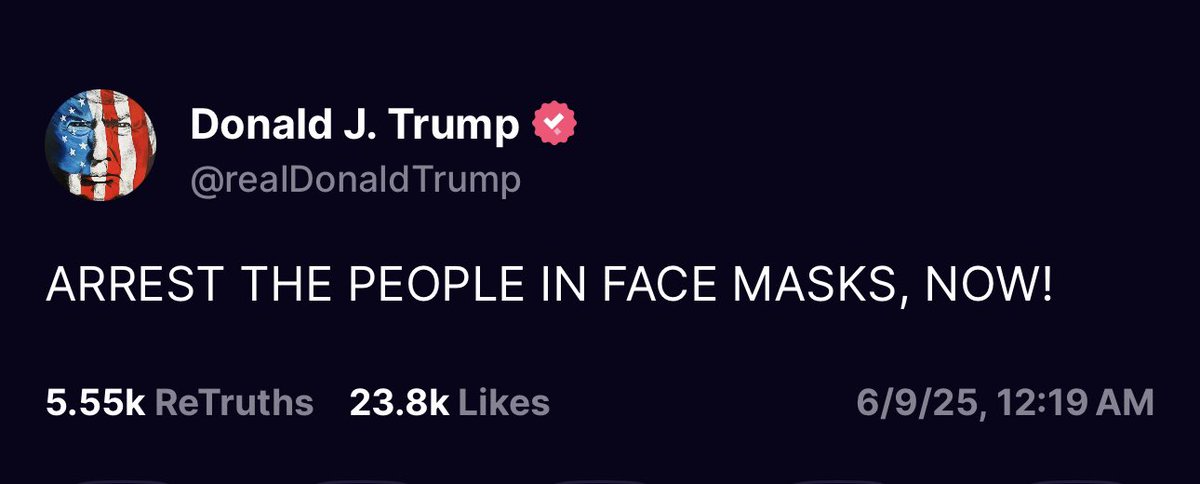 Trump makes wearing a face covering in public a criminal offense. Law enacted by Truth Social Edict from his country club.