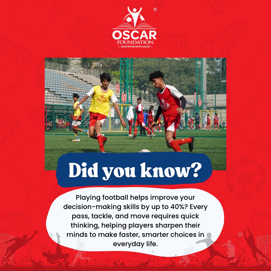 🧠 Did you know? Football players make around 1,200 decisions in a single 90-minute match!
Every pass, run, or tackle demands smart, instant thinking.

📌 At OSCAR Foundation, we use football to help young minds become sharper thinkers and make better choices on and off the field