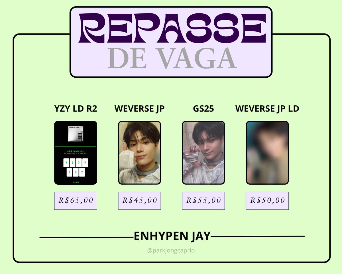 🦋 — REPASSE DE VAGA

• POBs ENHYPEN JAY.
• Preços na imagem + FreteS.
• Não reservo.
• Pagamento imediato.

A GOM tem feedbacks positivos! (<a href="/HEESMYCEGs/">HEESMYCEGS</a>)