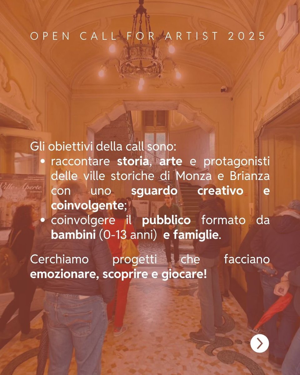🎨 AAA Artisti cercasi!
Ville Aperte Autunno 2025 lancia la #CallForArtists: cerchiamo progetti per bambini e famiglie ispirati al tema "ConVOI – Connettere, Visitare, Osservare, Imparare" 🎭
3 proposte verranno selezionate!
🗓️ Scadenza: 30 giugno, h 13:00