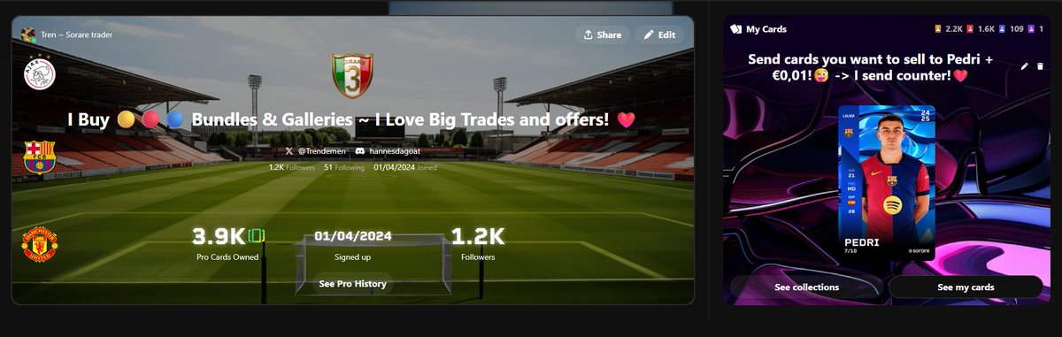 Retweet / Like would mean a lot!😊

Bought a gallery with 700 cards yesterday-night, so make sure to check my gallery for some new cards!🔥

If you want to sell a bundle or gallery -> DM!📨

Buying 🟡🔴🔵 cards at the moment!👀

#sorare