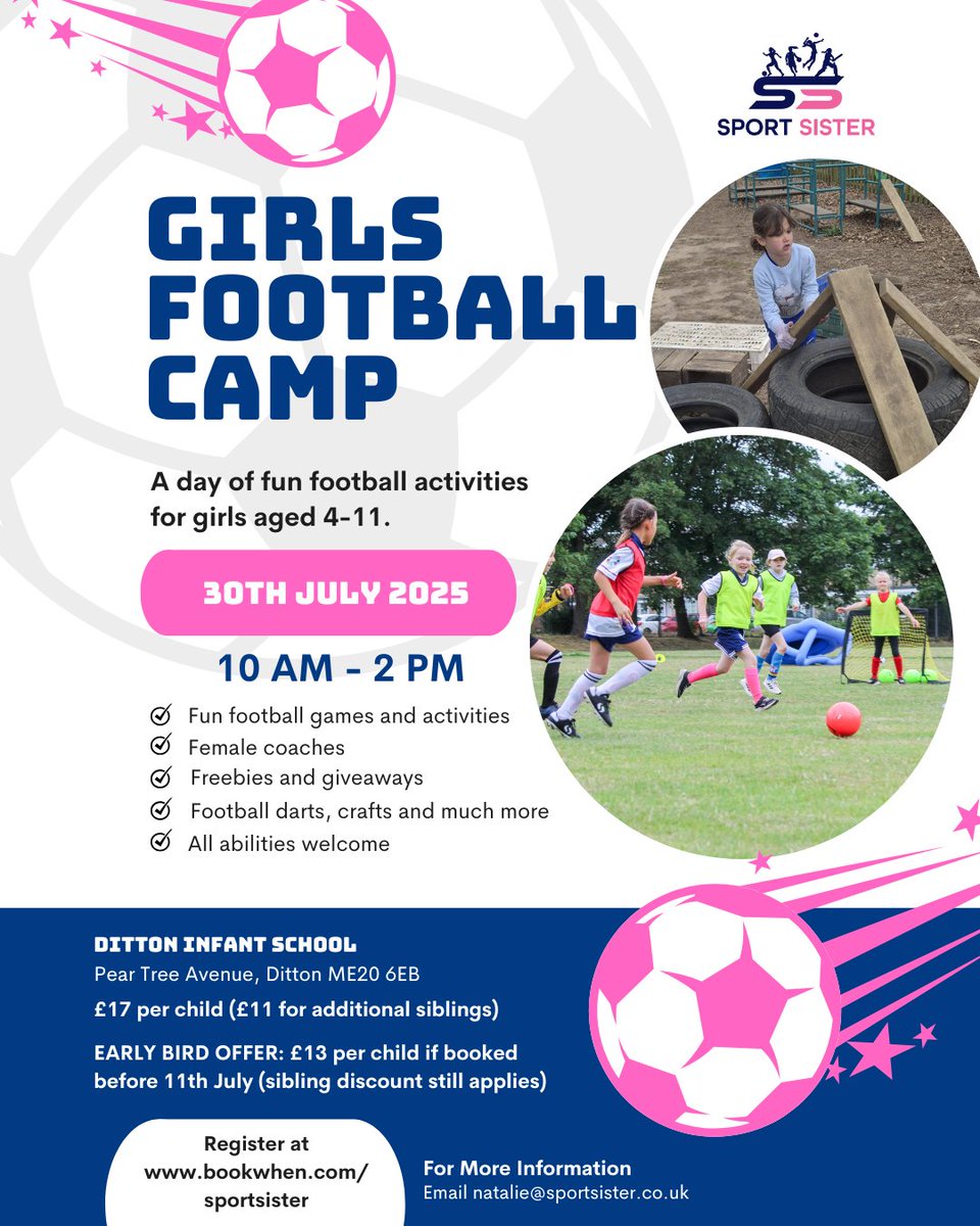 Get ready for another great day of football at our girls summer camp!

We’ll be at Ditton Infant School on 30th July, 10am–2pm, and we’re inviting girls across Kent to come and play, whether they’ve kicked a ball before or not.

Know someone who’d love it? Hit that share button!