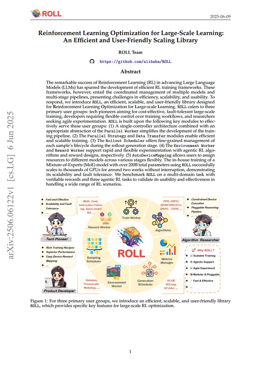 Alibaba's RL LLM training library: ROLL

"We introduce ROLL, an efficient, scalable, and user-friendly library  designed for Reinforcement Learning Optimization for Large-scale  Learning. ROLL caters to three primary user groups: tech pioneers aiming  for cost-effective,