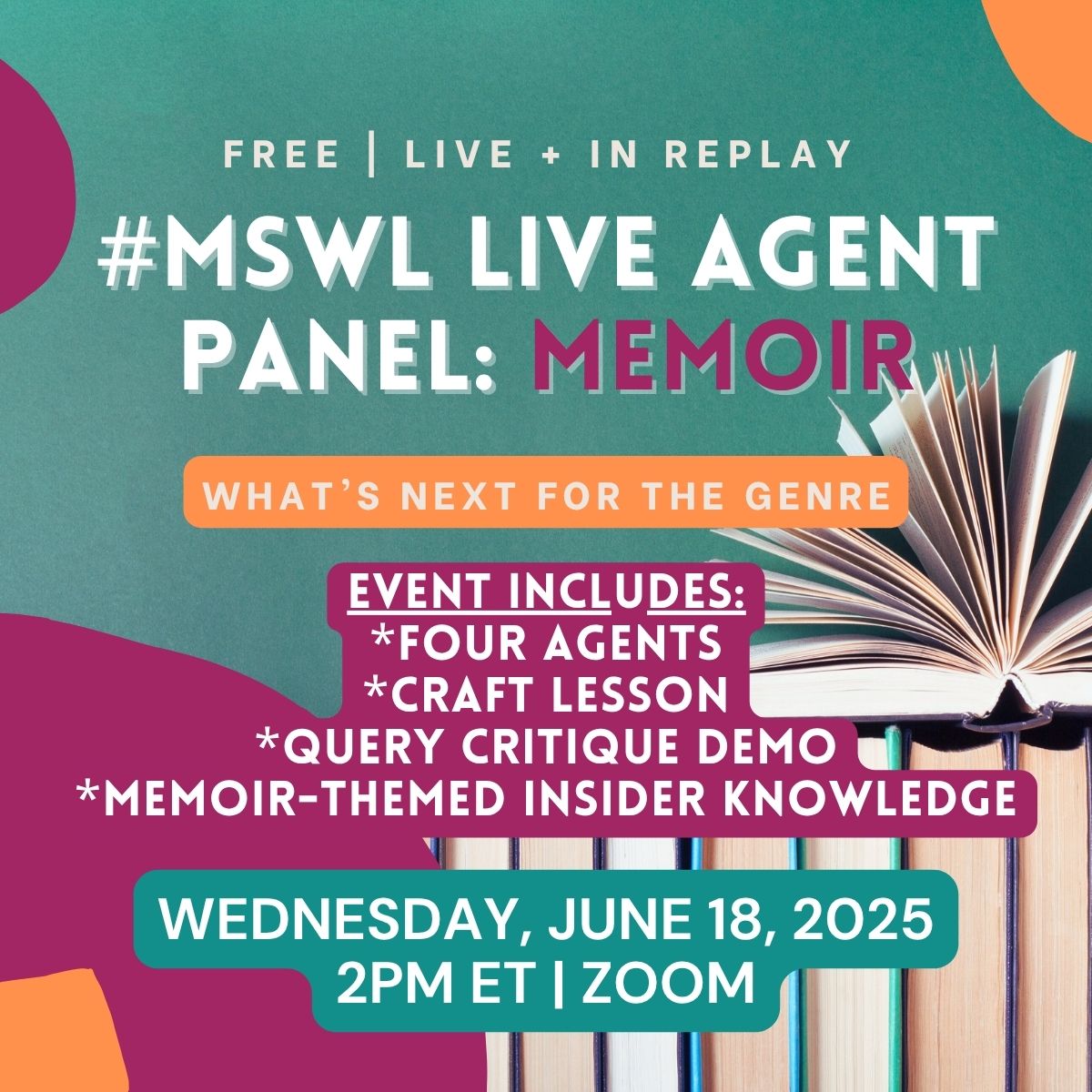 Live #Memoir panel! It's free. Want to join us? #MSWL 
manuscriptacademy.com/mswl-live-agen…