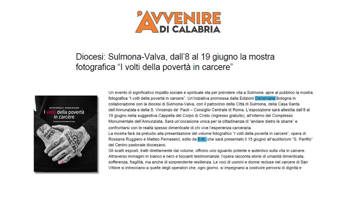 “I volti della povertà in carcere” viaggio tra sofferenza, fragilità e resilienza dentro San Vittore. Il testo di <a href="/Ruggierossana/">Rossana Ruggiero</a> e <a href="/pernaselci_/">Matteo Pernaselci</a> dà voce a chi resta invisibile. Presentazione 15 giugno a Sulmona, auditorium “S. Panfilo”. <a href="/AvvenirediCal/">Avvenire di Calabria</a> 
 📚 bit.ly/445AOze