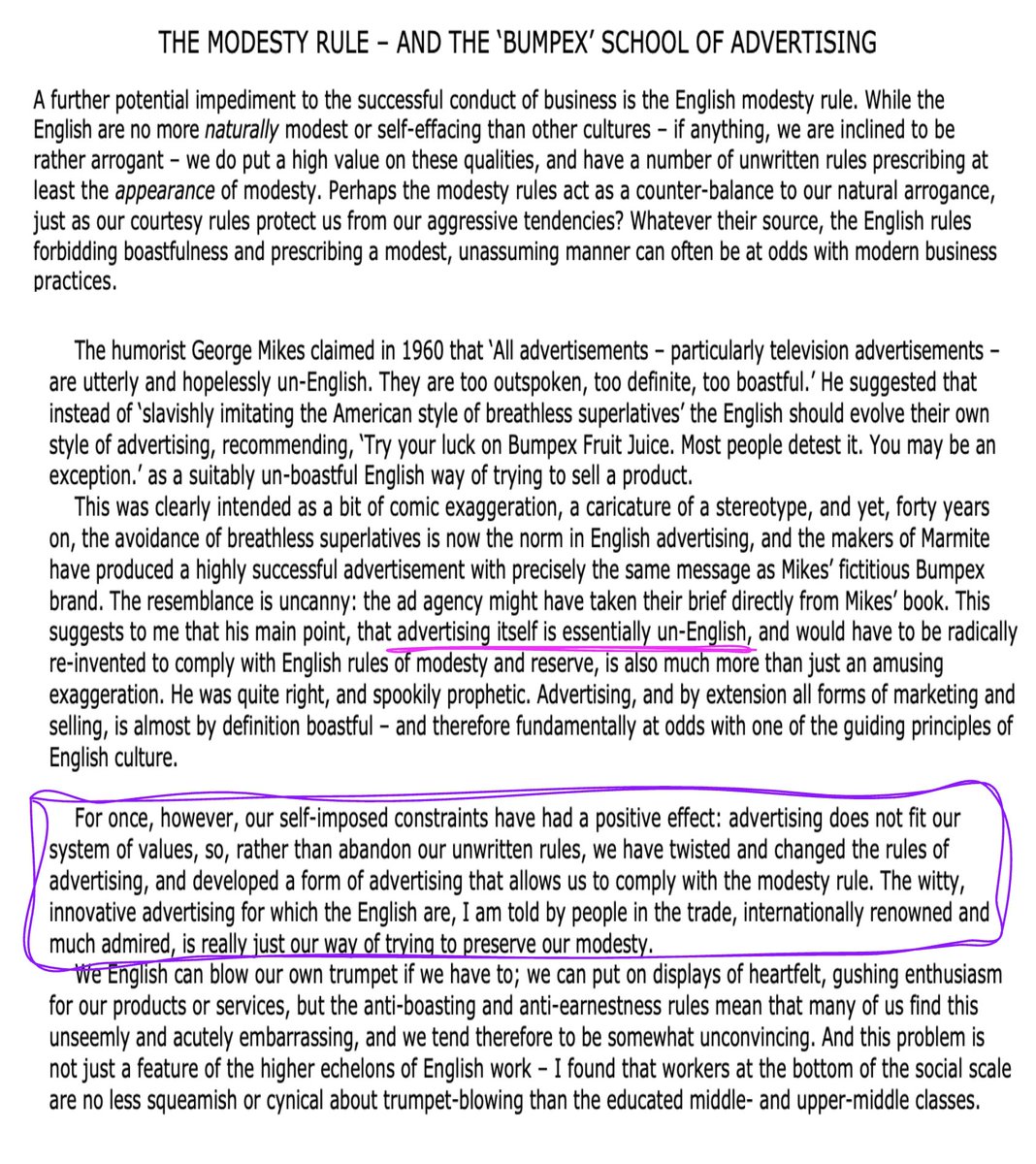 English culture values modesty and dislikes boastfulness, shaping a witty, subtle, self-aware style of advertising unlike America’s superlative approach

via Kate Fox's Watching the English amzn.to/3HNmSRN